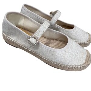 J.Crew Mary Jane espadrille flats linen upper jute wrap sole pearl buckle NWOT